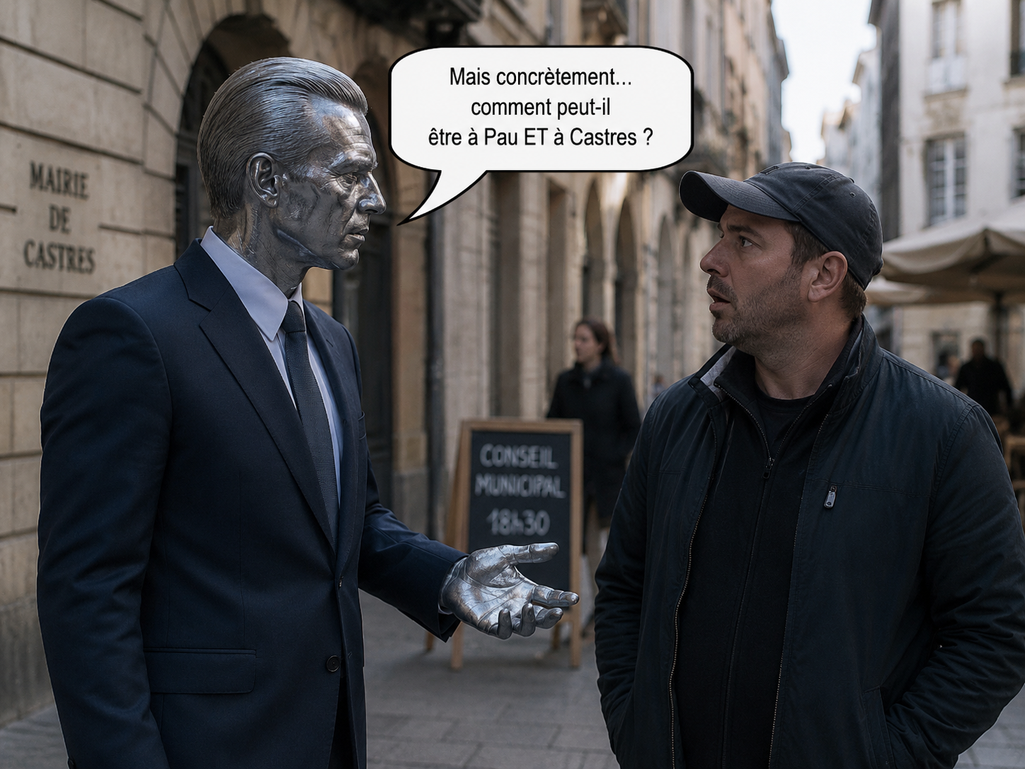 Face à la montée en puissance de Sahel Beriouni-Poitevineau, une coalition trans-partisane aurait envoyé un T-1000 depuis 2057 Selon plusieurs témoins, le robot aurait déjà été aperçu à Castres.